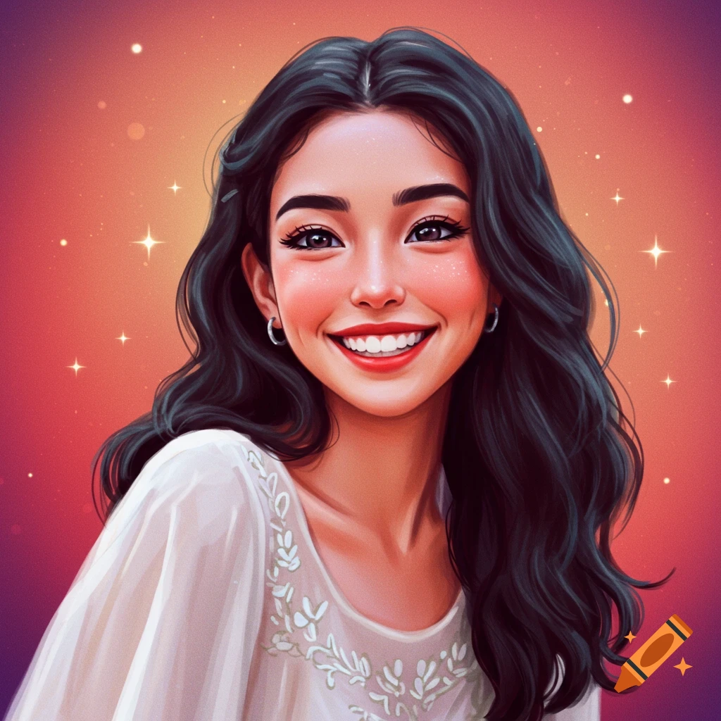Illustration of a smiling woman with dark hair against a starry background.