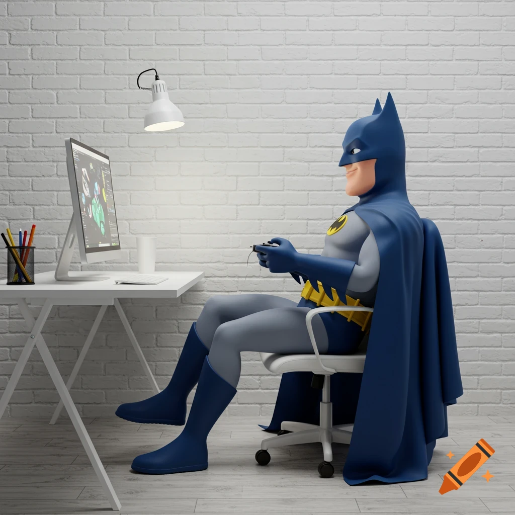 Cartoon style Batman sits at a desk in a white brick room playing a video game on a computer.