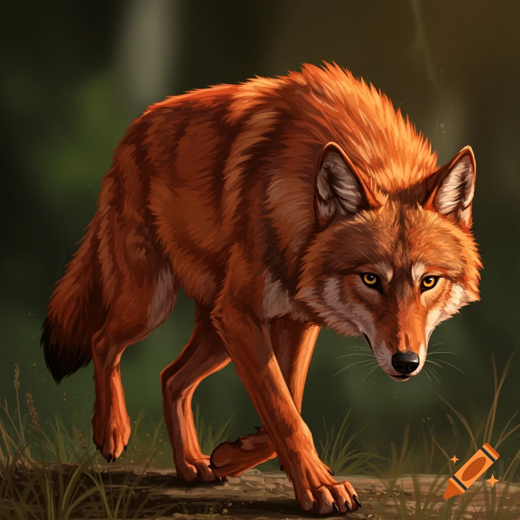 A reddish wolf walks through grass.