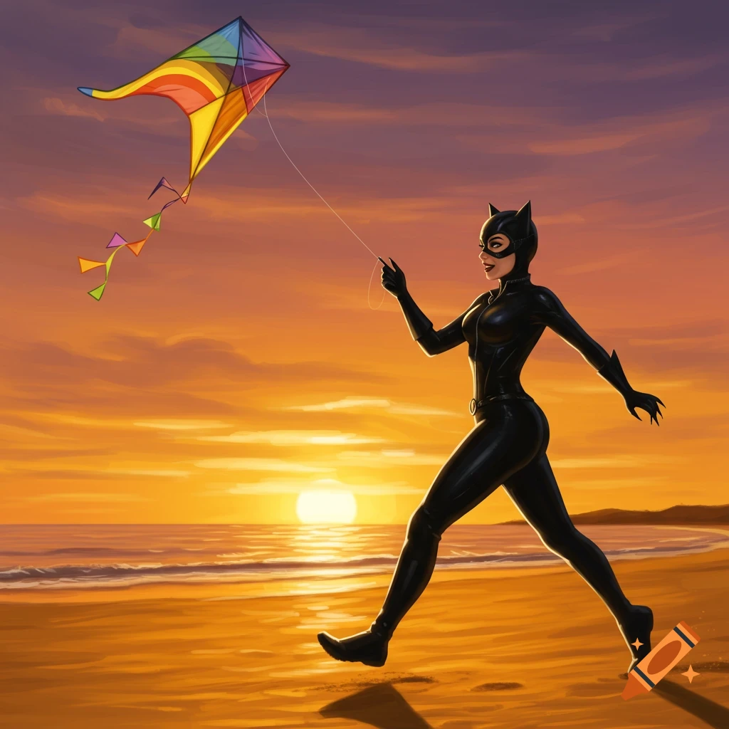 Catwoman flies a kite on a beach at sunset in an illustration style.