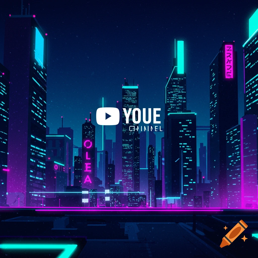 A stylized, neon-lit cyberpunk city at night with tall buildings and a play button icon.