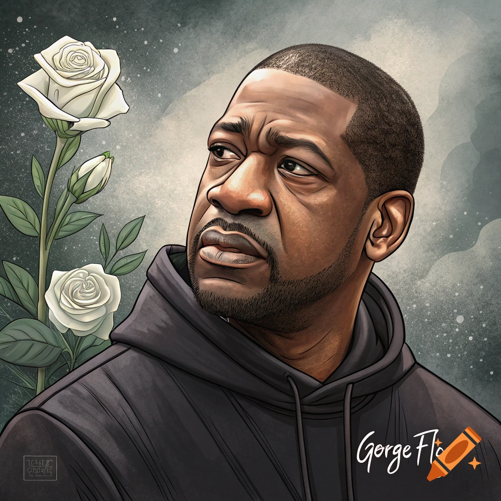 Stylized portrait of George Floyd looking up, with white roses.