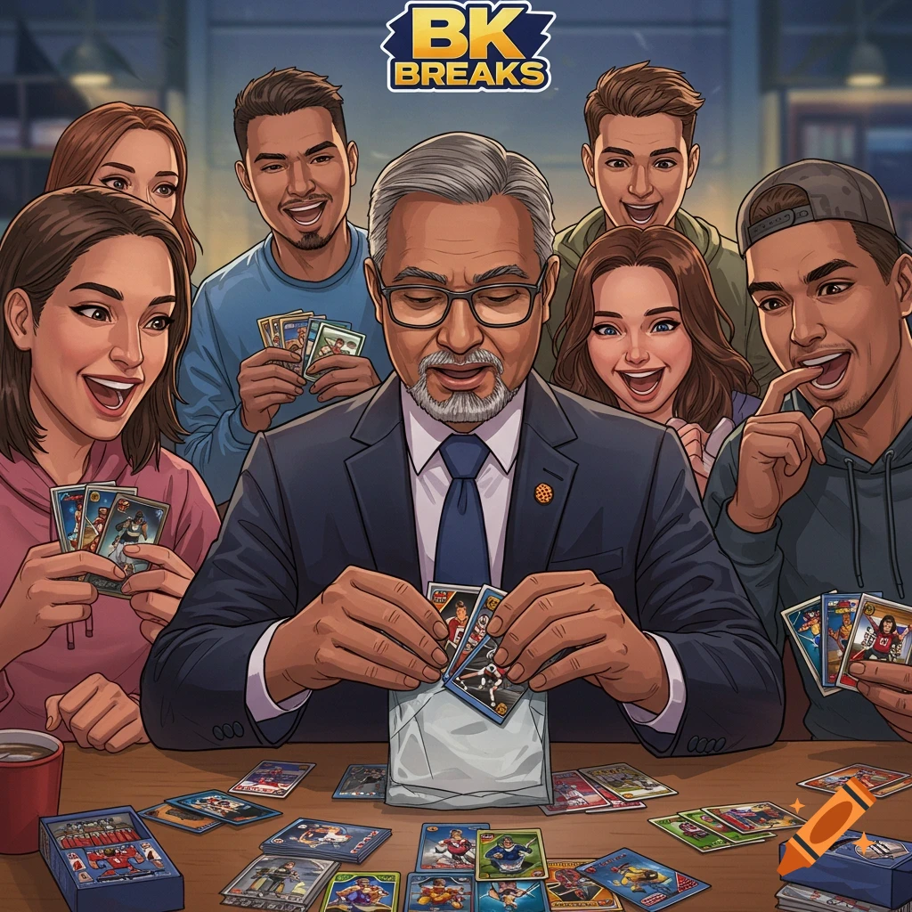 An illustration of a group of people opening and examining trading cards on a table.