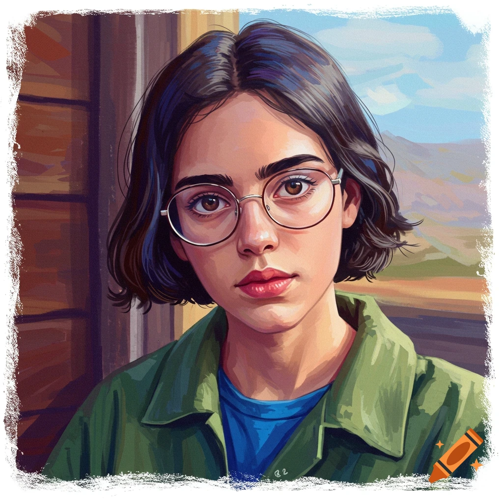 Illustrated portrait of a young woman with short hair and glasses wearing a green jacket.