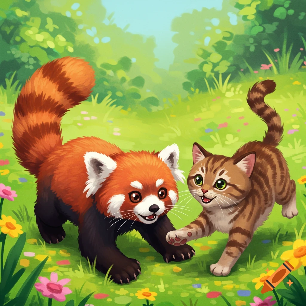 Cute red panda and cat playing in a field of flowers, illustration