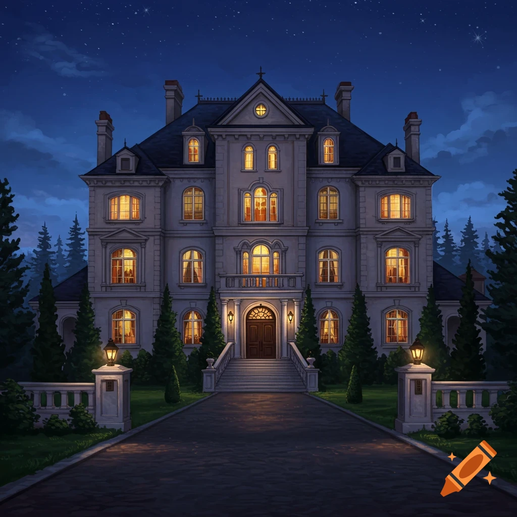 A large, illuminated mansion at night with a long driveway leading up to it.