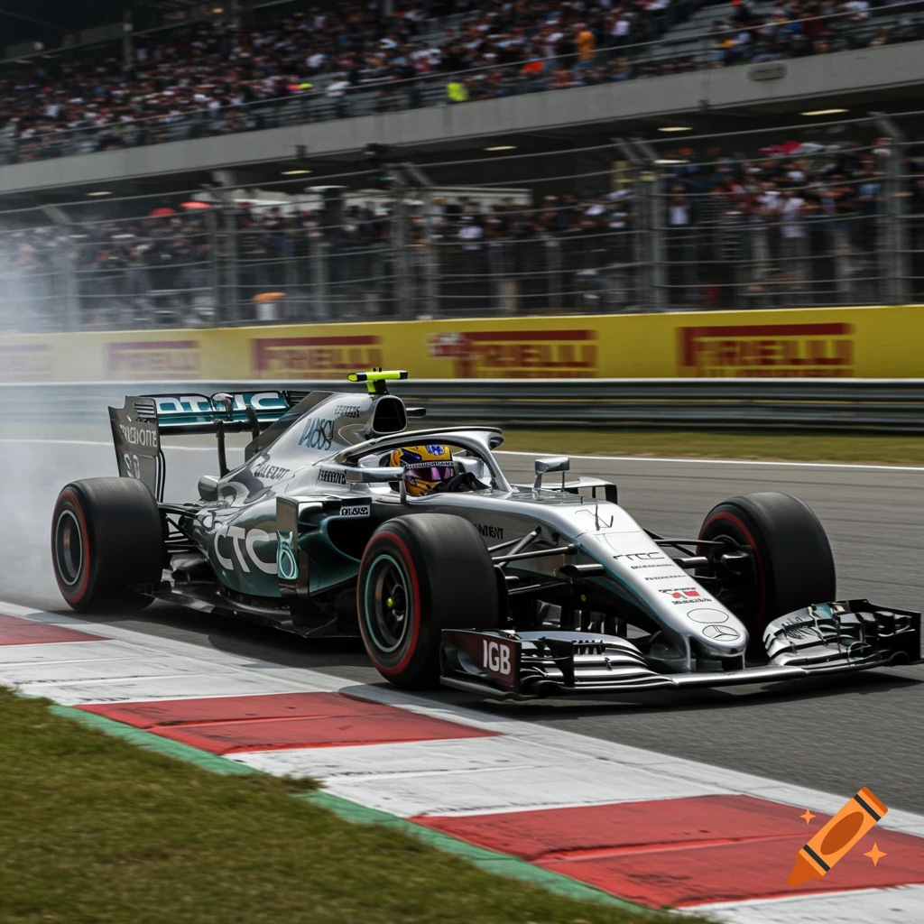 A silver Formula One race car speeding on a track, with motion blur in the background.