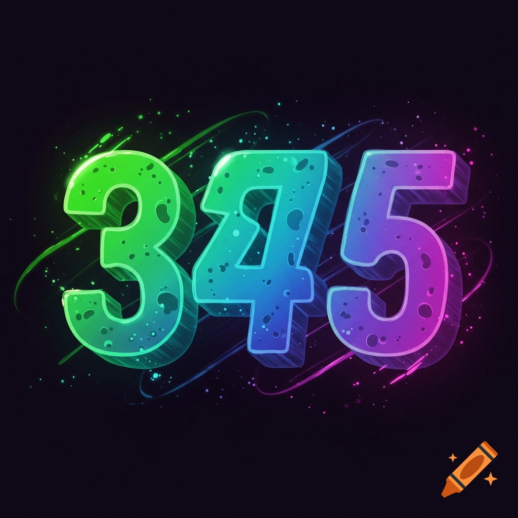 Stylized glowing green, blue, and purple numbers 345 on a dark background with splatter effects.