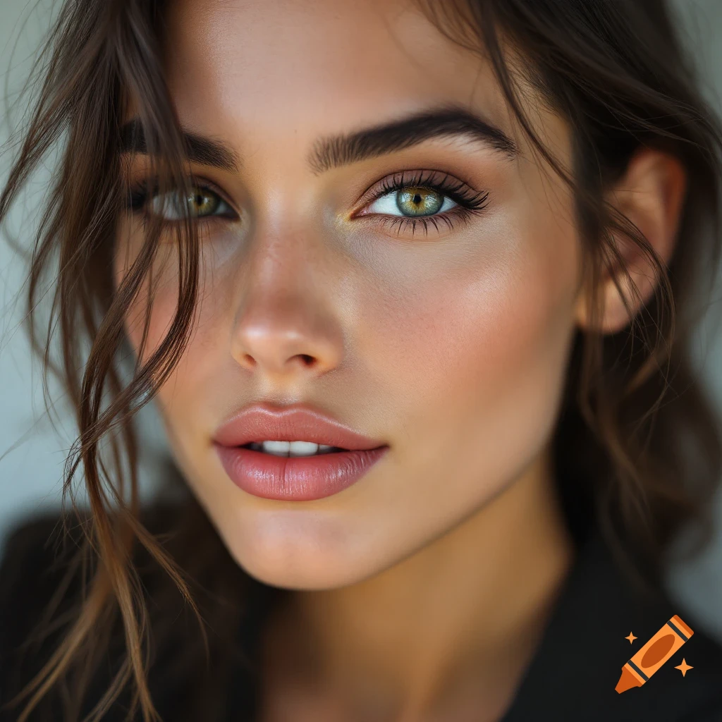A close-up professional photo of a young woman with brown hair and green eyes looking forward.