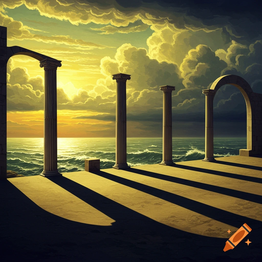 Ancient ruins with columns and an arch by the sea under a dramatic sunset sky with long shadows, painting style