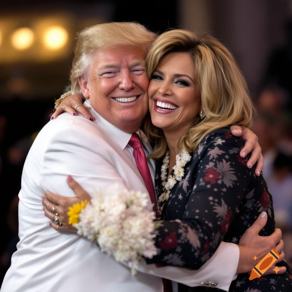 Donald Trump and Michelle Lujan Grisham smiling and hugging, photorealistic.