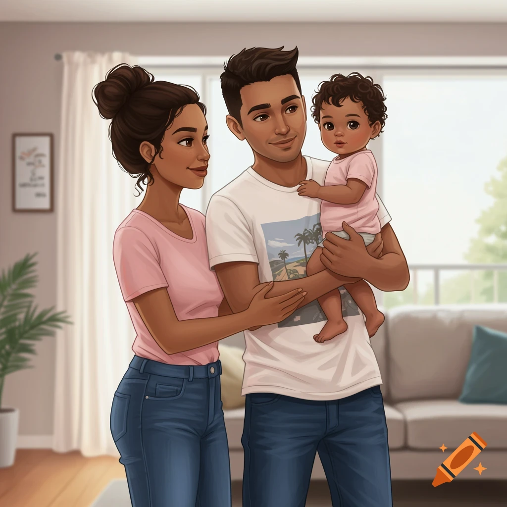 Illustrated family of parents and baby in a living room.