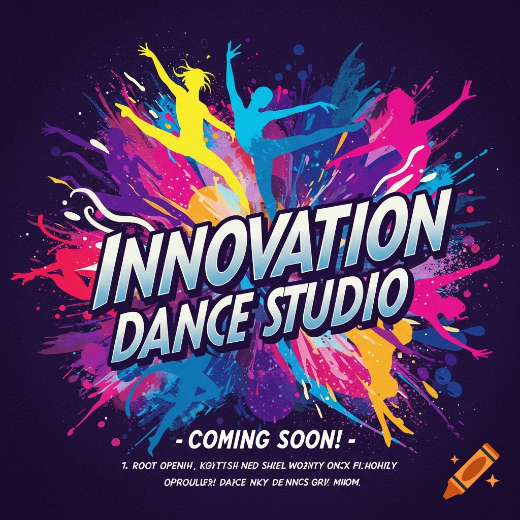 Stylized dancing figures in vibrant colors against a dark background, with text 'Innovation Dance Studio Coming Soon!'. Poster art.