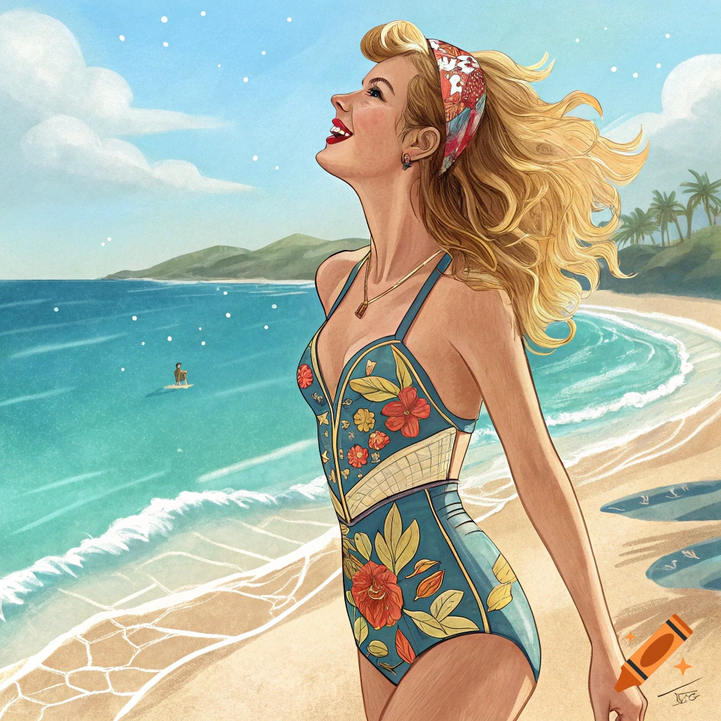 Illustration of a woman in a floral swimsuit on a sunny beach, looking up.