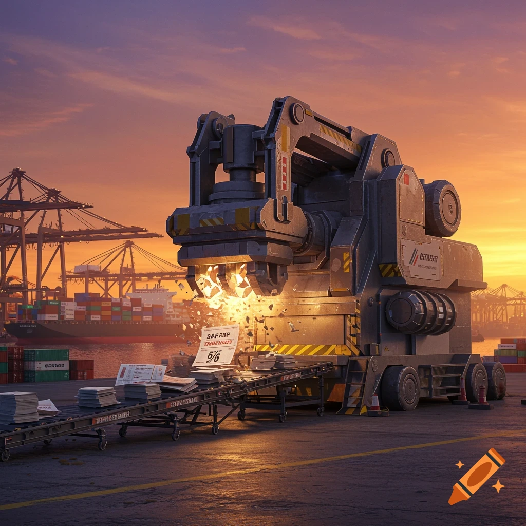 A large machine crushes items on a conveyor belt in a port at sunset.