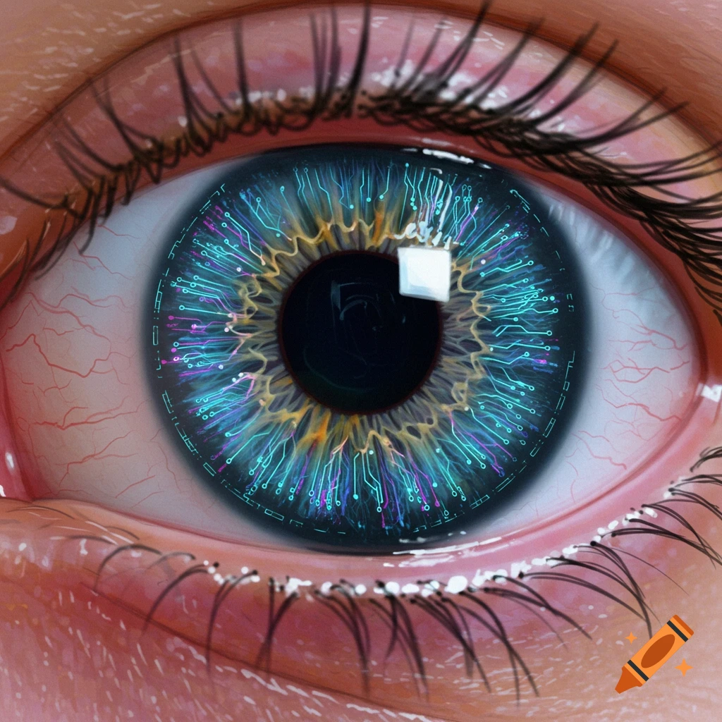 Close-up of a human eye with a glowing circuit board pattern in the iris.