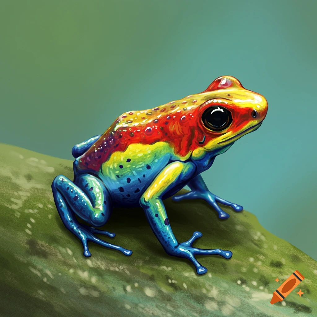 A vibrant, colorful poison dart frog sits on a leaf in a painted style.