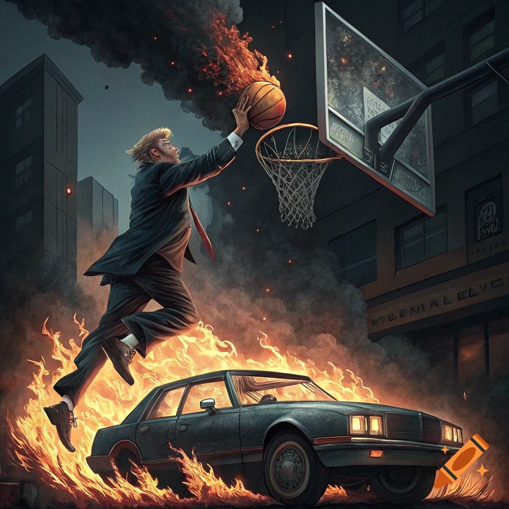 Stylized image of a man in a suit dunking a flaming basketball over a burning car in a smoky urban setting.