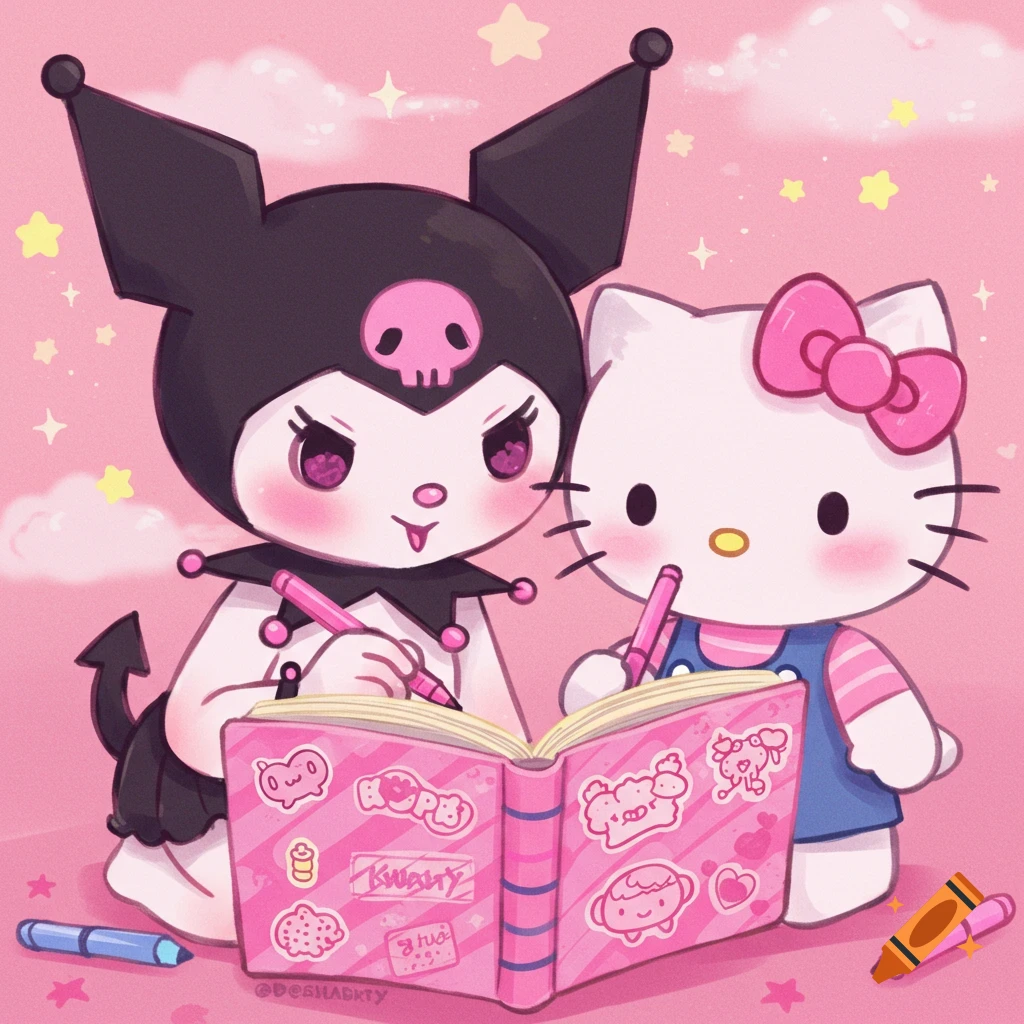 Kuromi and Hello Kitty draw in a pink notebook in a cute, pink cartoon style.