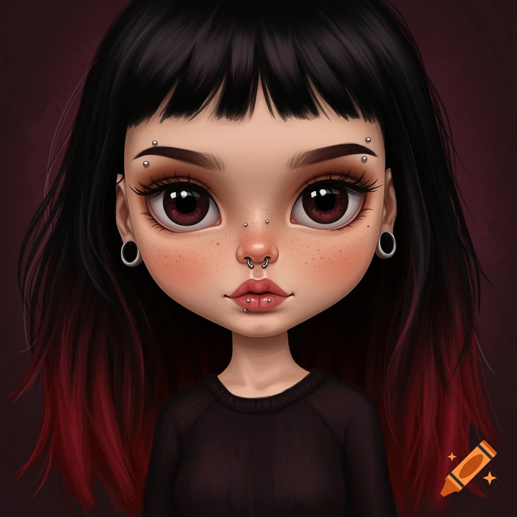 A stylized portrait of a doll-like figure with black and red hair and various face piercings.