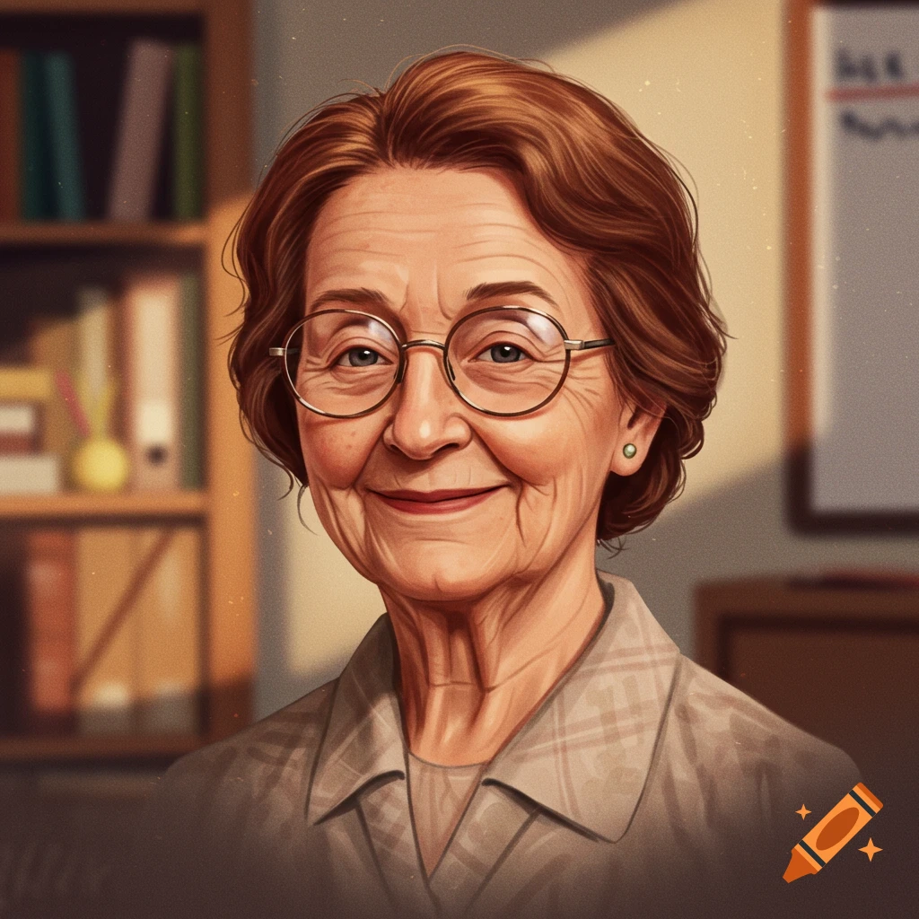 Portrait of a smiling older woman with glasses, bookshelf and whiteboard behind her.