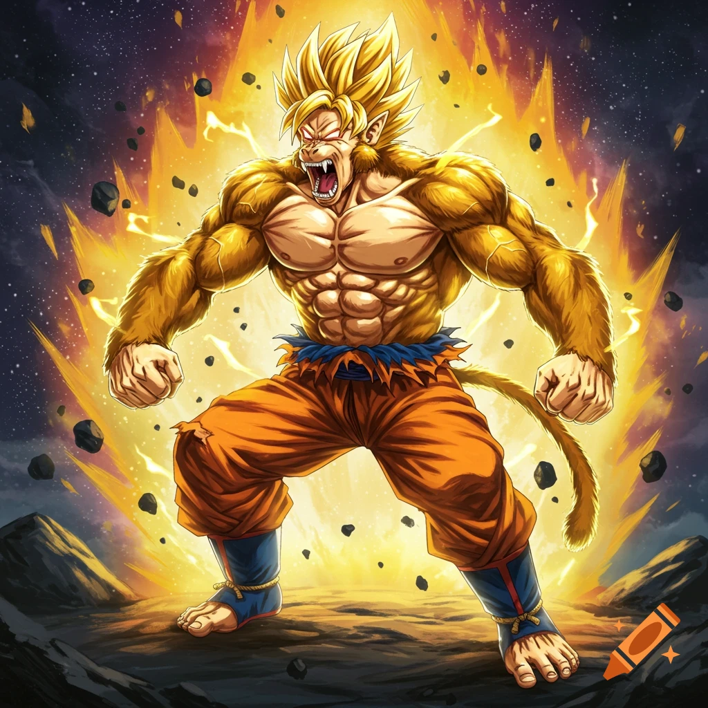 Goku in a golden ape-like transformation with huge muscles, roaring amidst glowing energy and rocks, anime style.