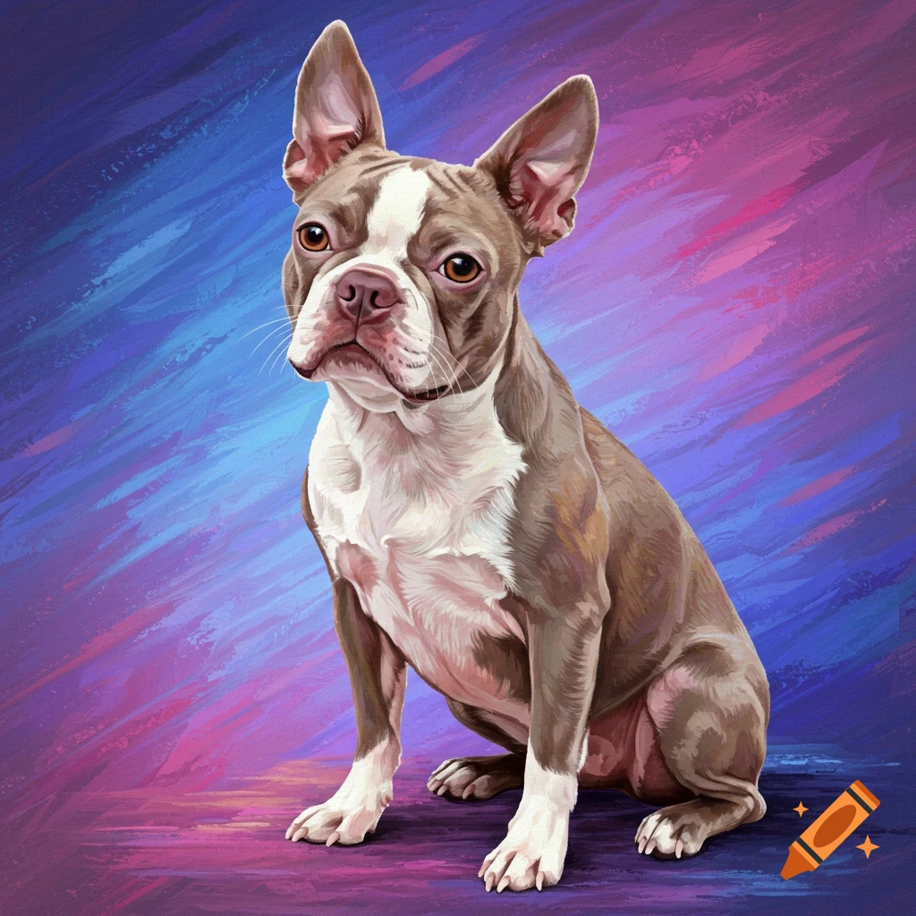 Painting of a brown and white Boston terrier sitting against a blue and purple background.