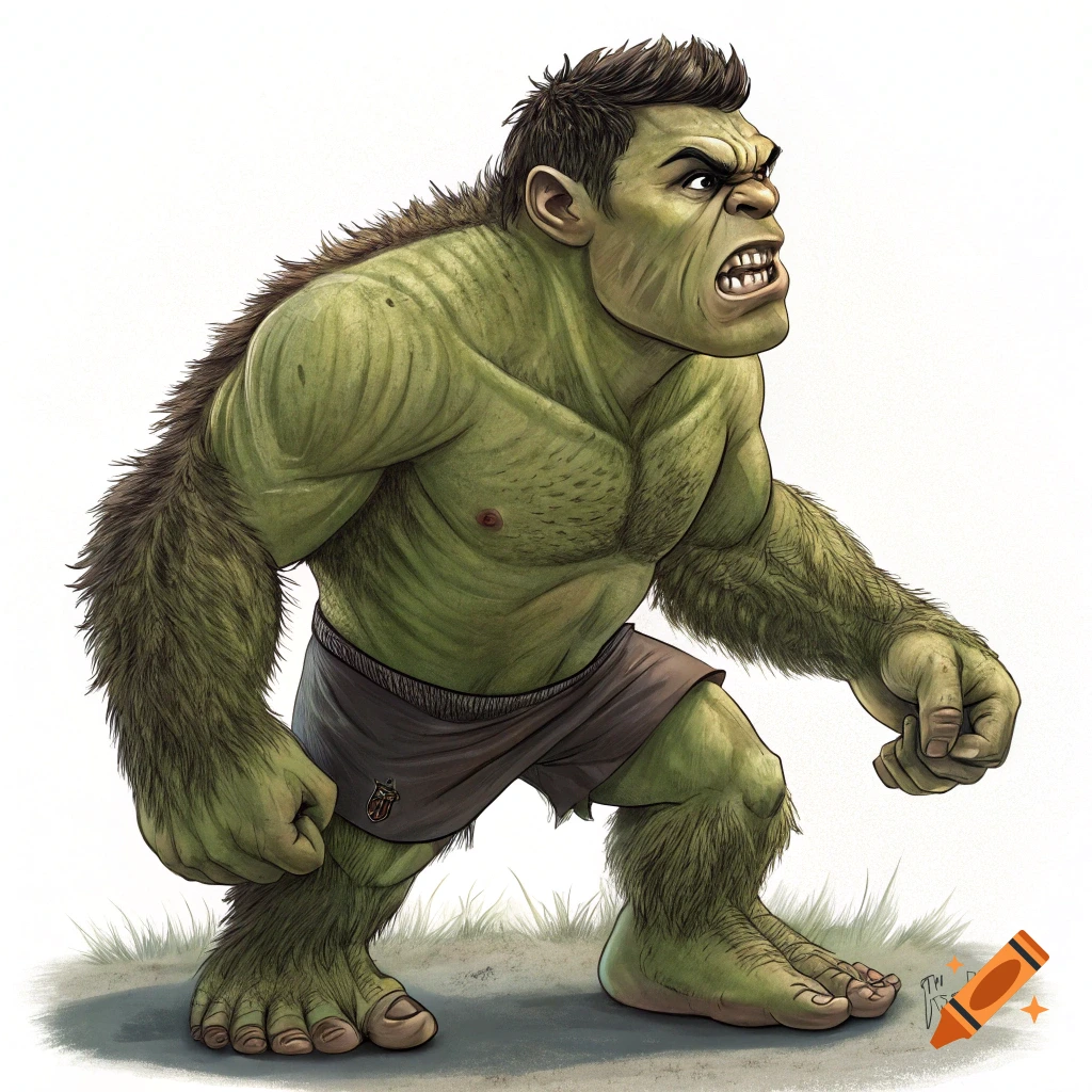 Cartoon illustration of a green, muscular, hairy monster wearing shorts and roaring.