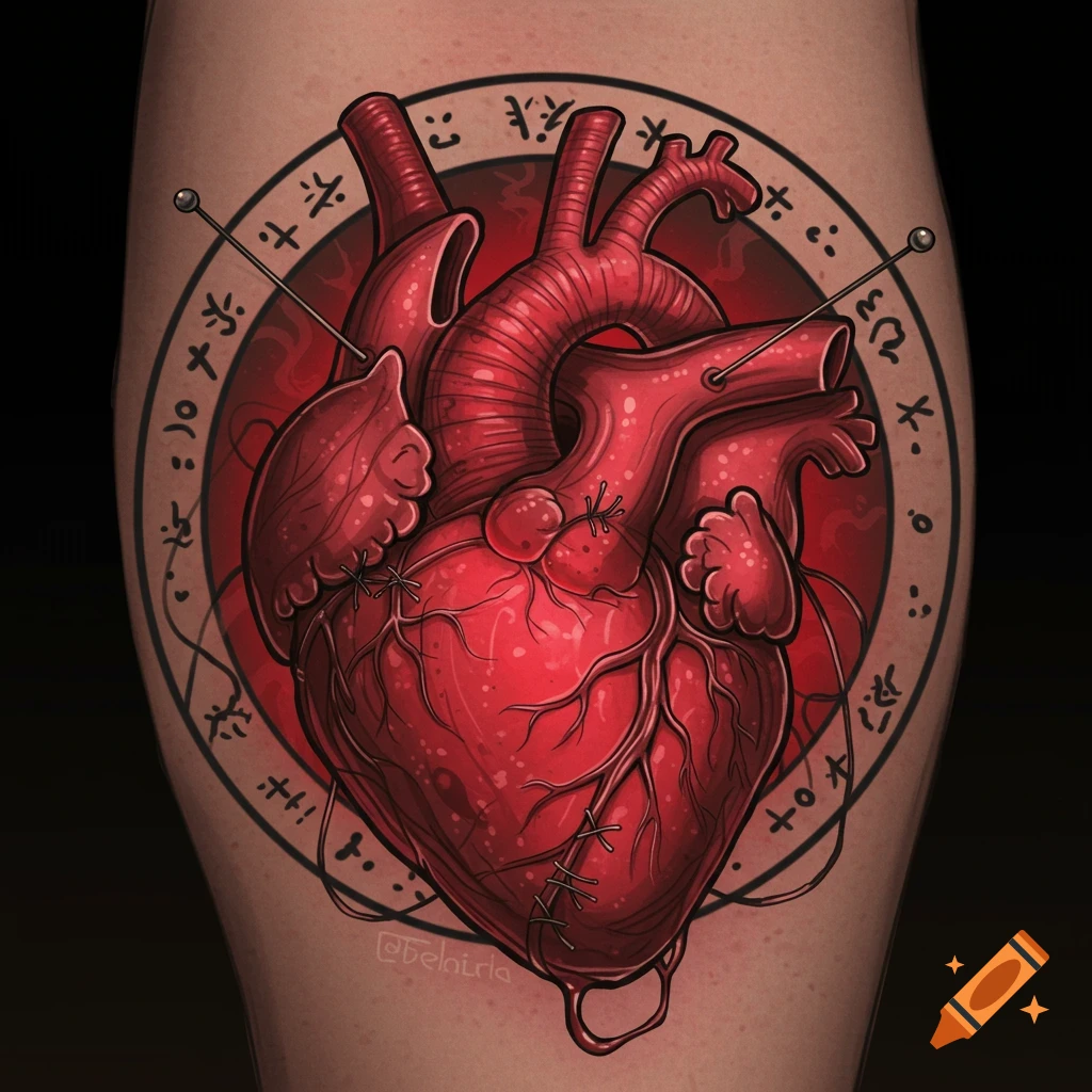 Stylized anatomical heart tattoo with sutures, pins, and surrounding symbols on skin.