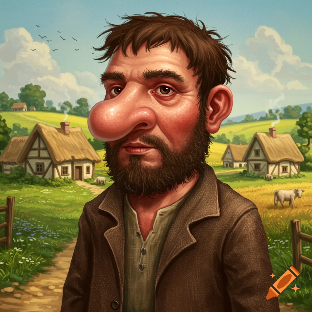 Stylized portrait of a man with a large nose and beard standing on a path in a rural village