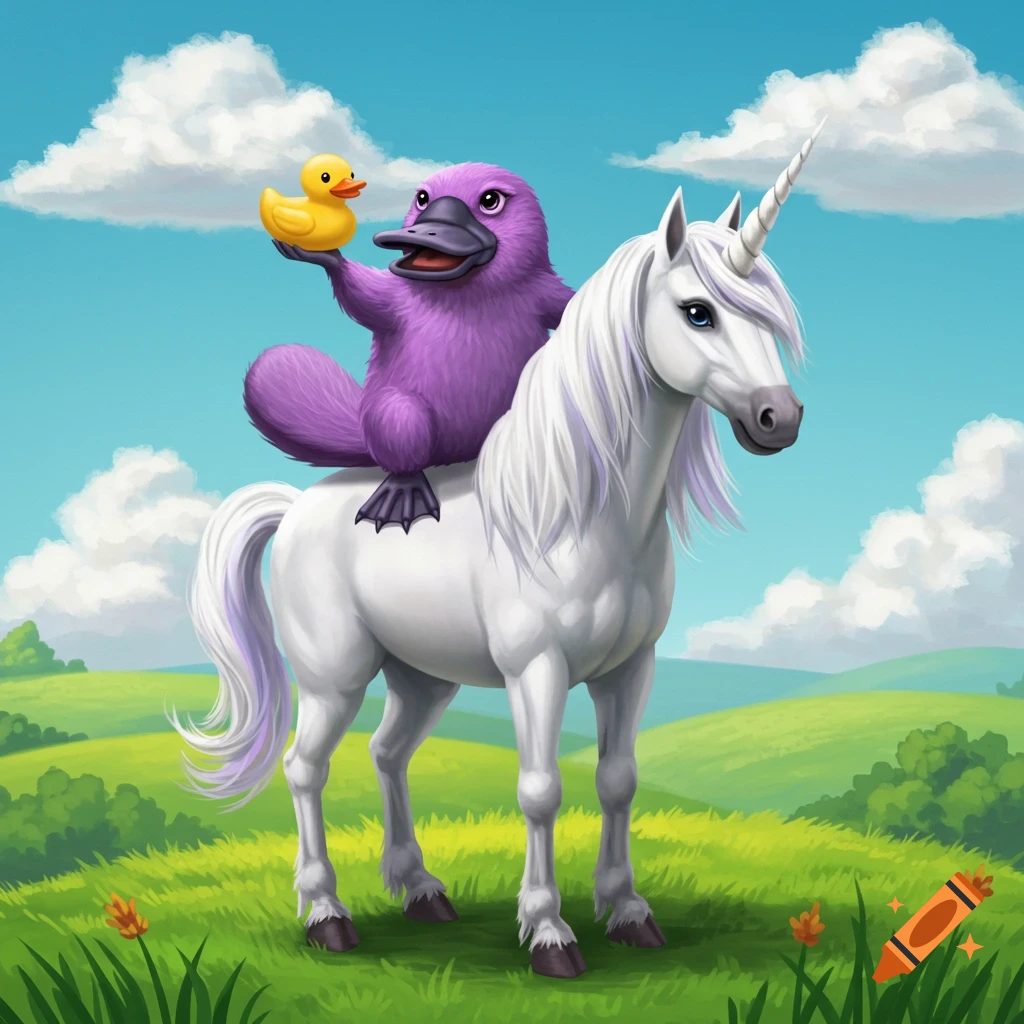 A purple platypus rides a white unicorn across a grassy field, holding a yellow rubber duck.