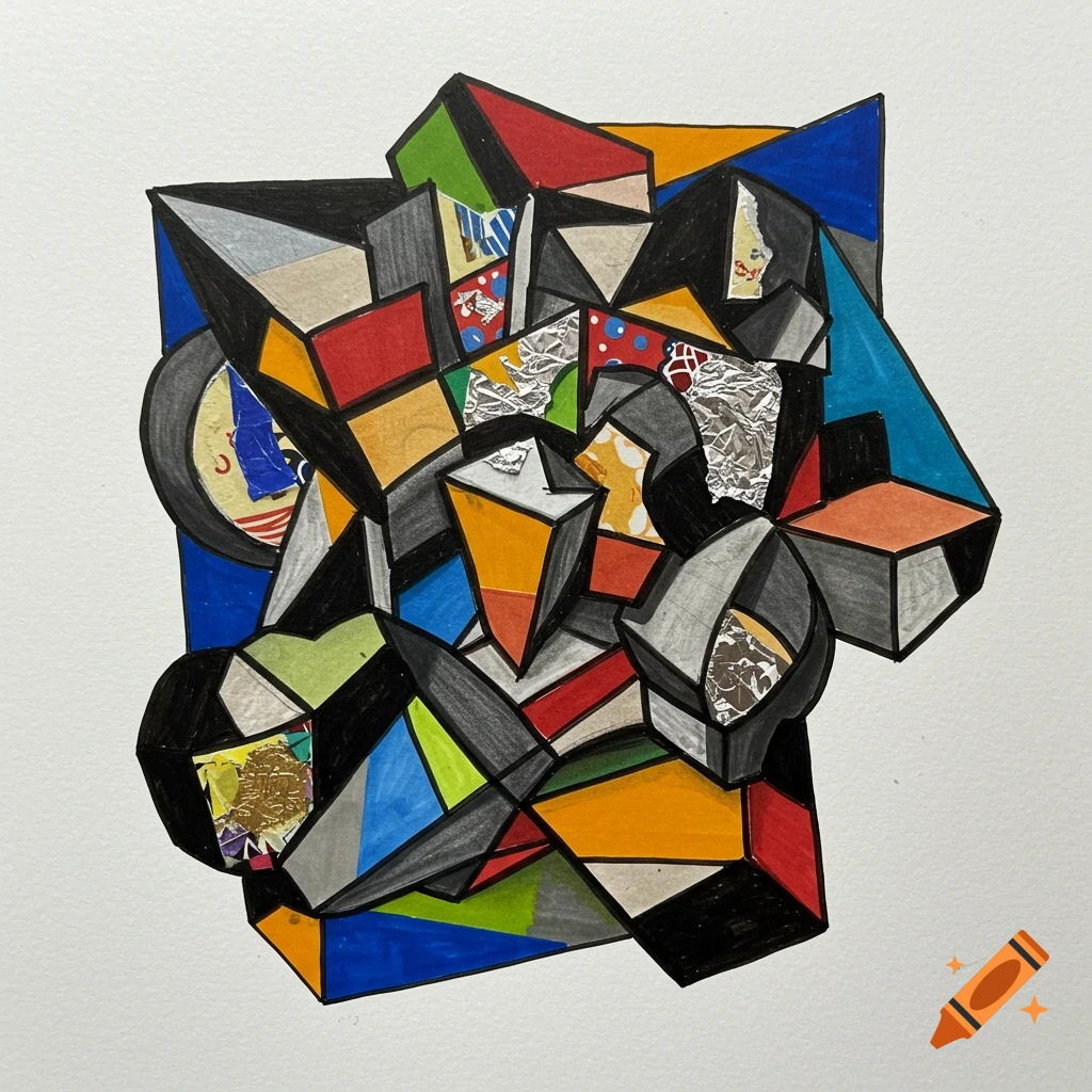 A synthetic cubism drawing using mixed media with geometric shapes and collage elements.