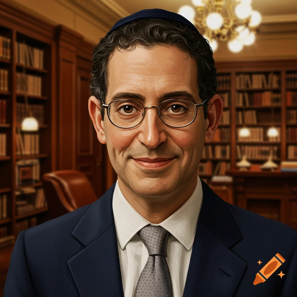Portrait of a smiling man wearing a yarmulke and glasses in a library