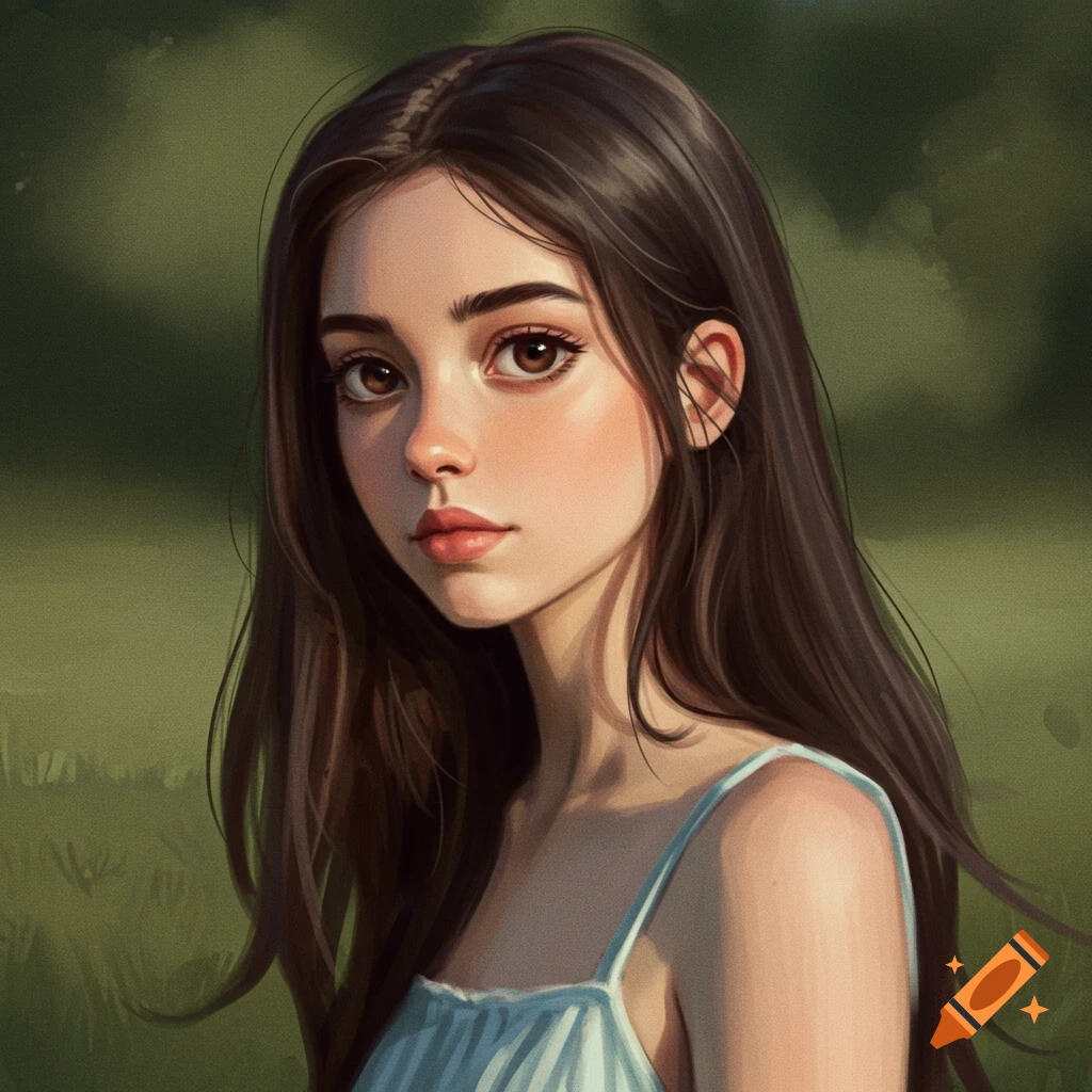 Illustration of a young woman with long brown hair and big brown eyes wearing a blue top, against a blurred green background.
