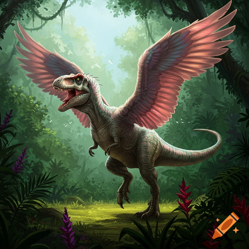An illustration of a winged dinosaur standing in a jungle.