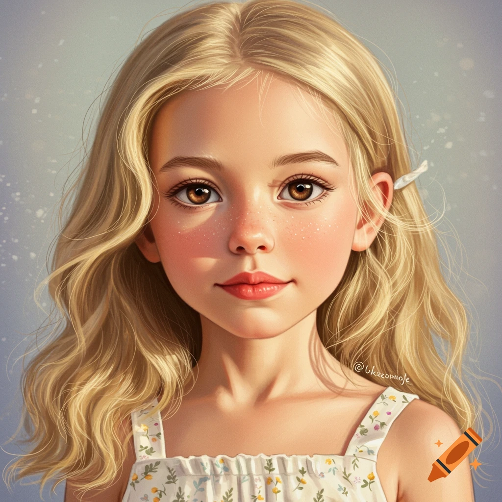 Close-up portrait of a young girl with blonde hair, brown eyes, freckles, and a floral dress in a realistic style.