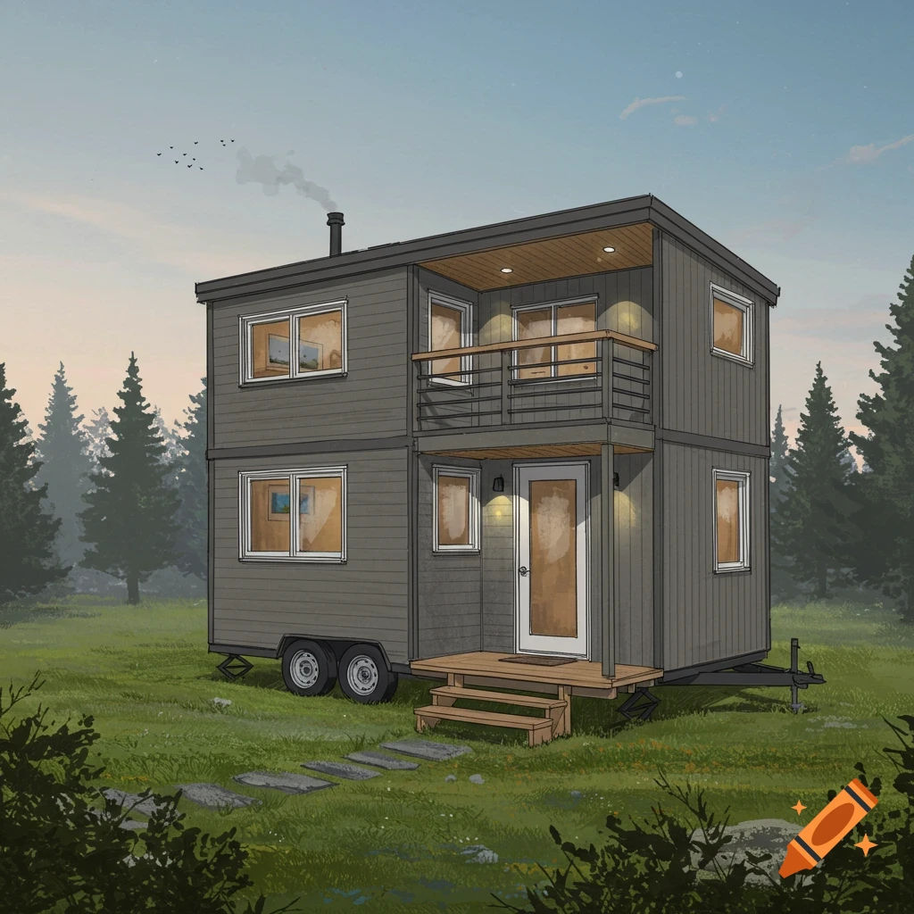 Illustration of a two-story grey tiny house on wheels with a balcony, steps, and wood accents, set in a forest clearing.