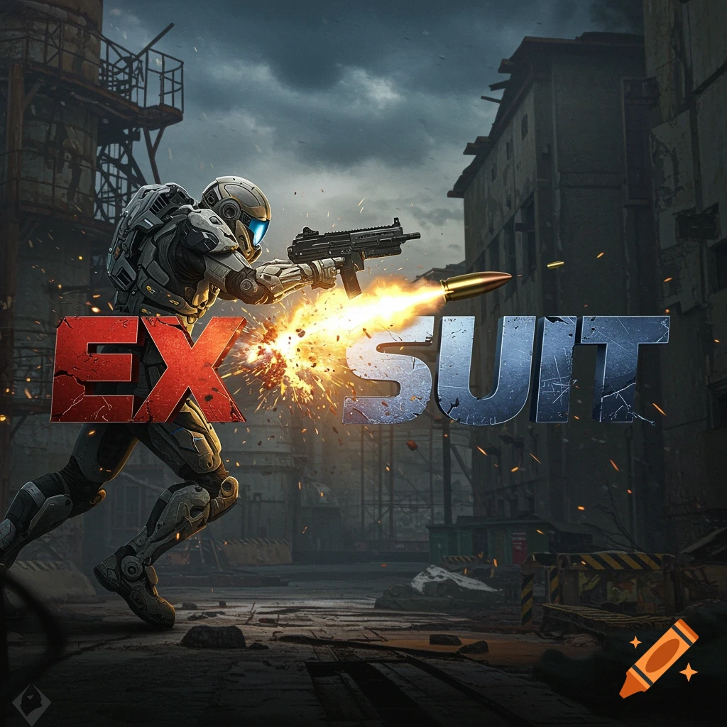 Futuristic soldier in exoskeleton suit firing weapon with large 'EX SUIT' text