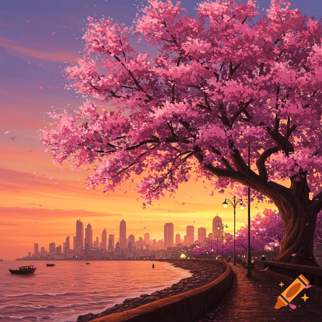 Illustration of a large cherry blossom tree beside a path along a waterfront, with a city skyline at sunset.
