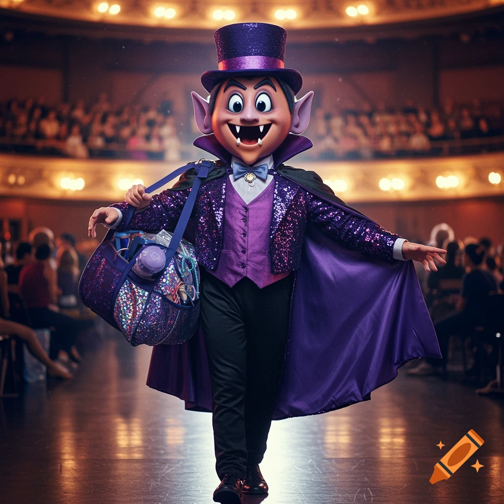 Cartoon vampire character in purple sequined suit and cape carrying a sparkly bag, walking through a theatre.