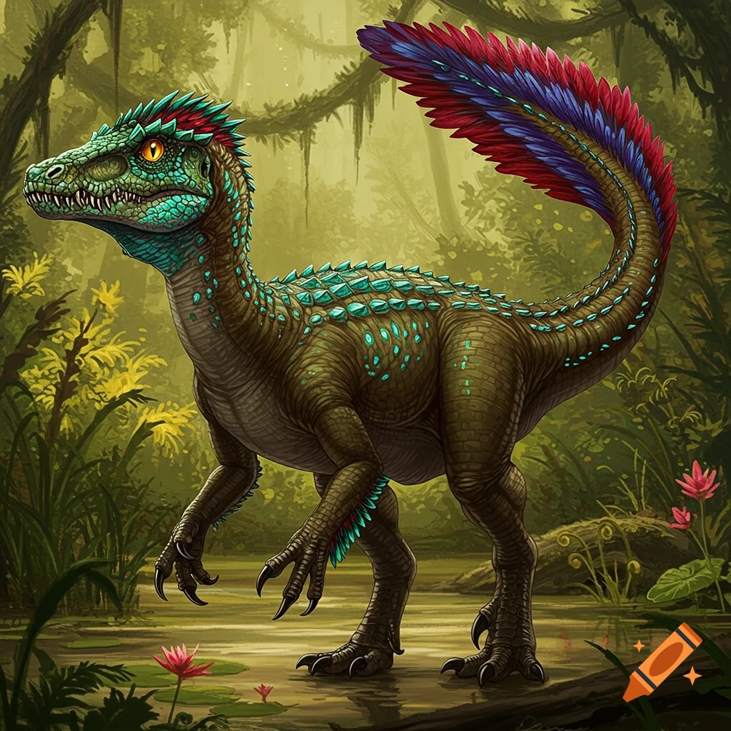 A vibrant, feathered dinosaur with colorful scales stands in a swampy jungle.