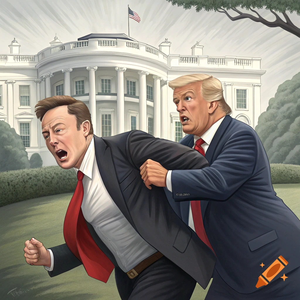 Illustration of Donald Trump pushing Elon Musk away from the White House.