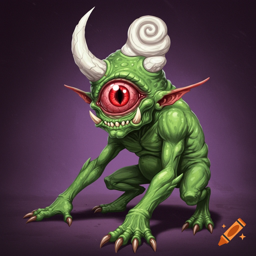 A green one-eyed monster with white horns and claws, in a stylized illustration.