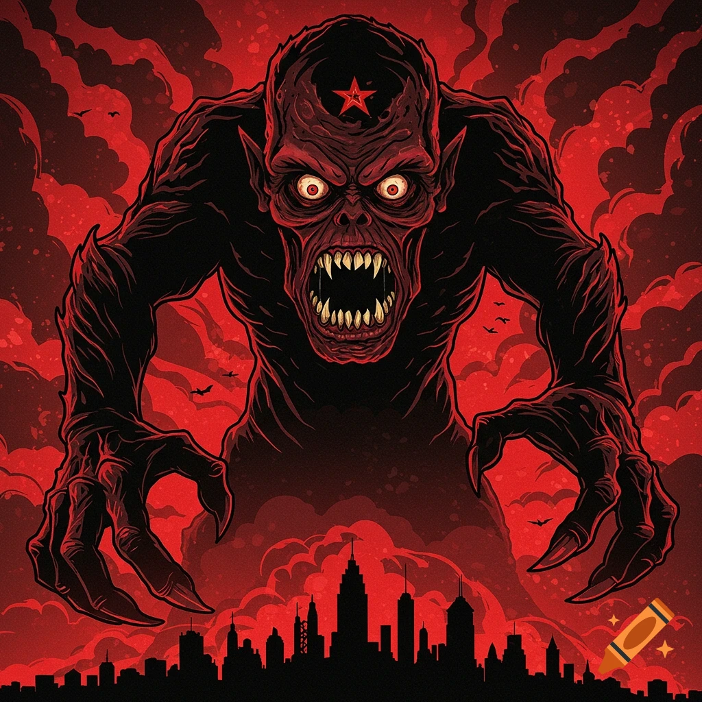 A terrifying red monster with sharp teeth looms over a dark city skyline against a cloudy red sky.