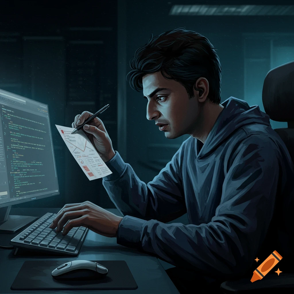Illustration of a person in a hoodie working on a computer in a dark room, reviewing a document.