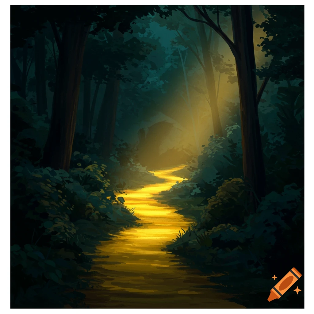 A dark forest path glows yellow as it winds through dark trees and bushes.