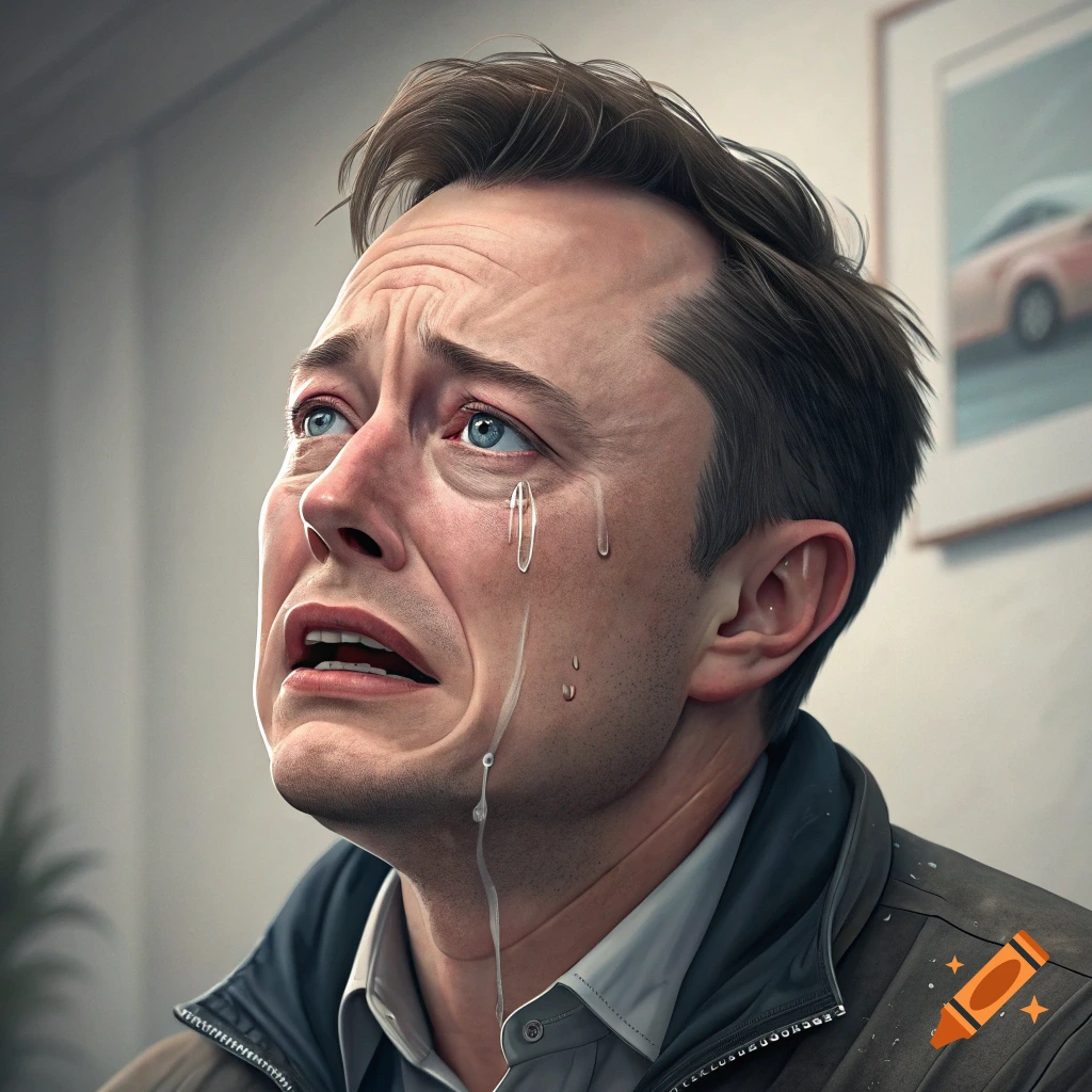 Close-up photorealistic portrait of a man resembling Elon Musk crying with tears streaming down his face.