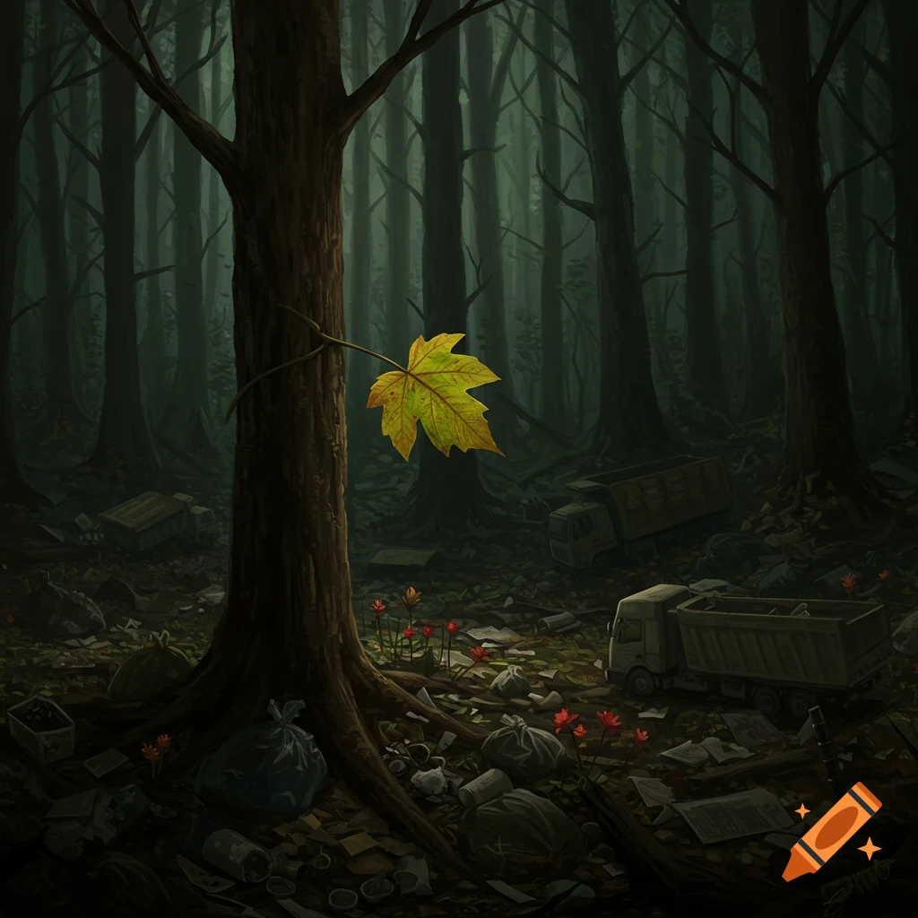 Painting of a dark, polluted forest floor with trash and trucks, a tree trunk with a single yellow leaf.