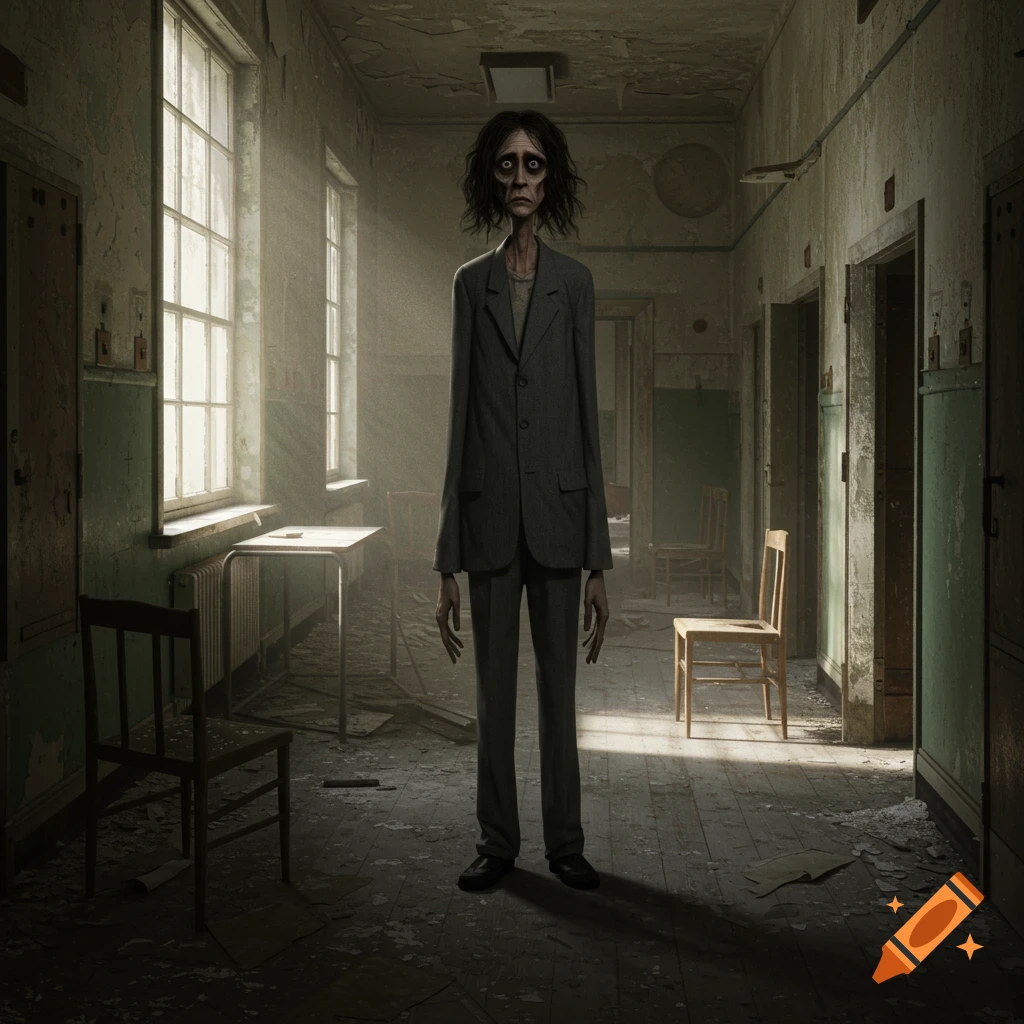 A creepy, thin man stands in a dark, abandoned asylum hallway.