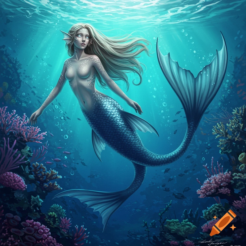 A blonde mermaid with a blue tail swims gracefully through a vibrant coral reef underwater.